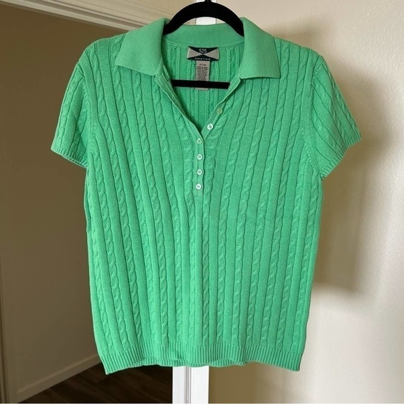 525 America Tops - 525 America Green Cable Knit Polo Sweater